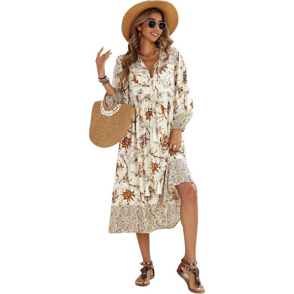 Dresses & Skirts - Women's Long Sleeve Floral V-Neck Boho Midi Dress with Ties for Vacation